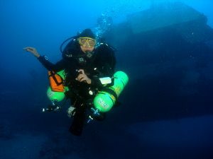 Tec diver in front of wreck